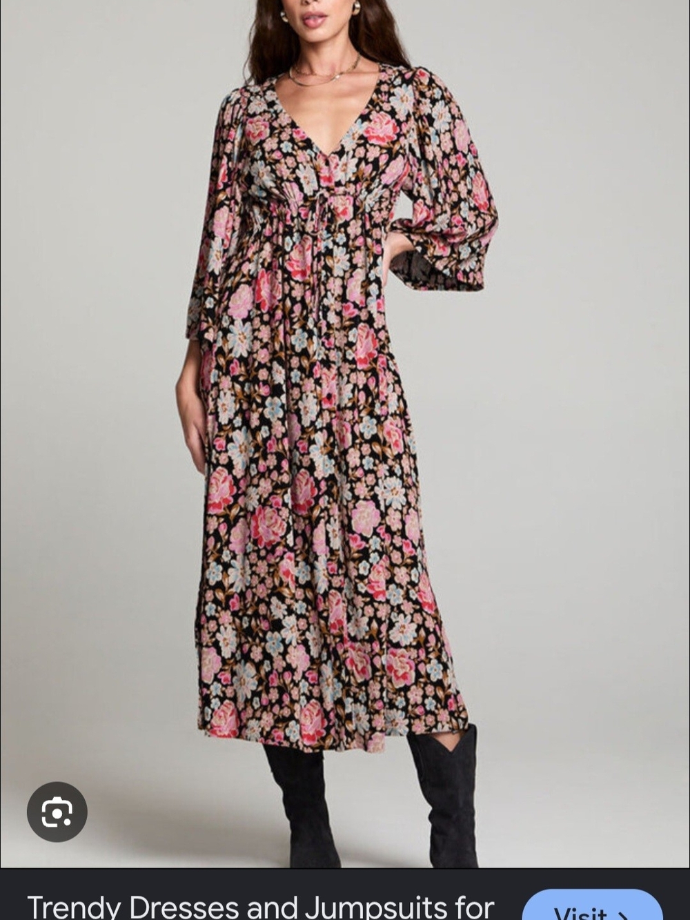 V-Neck Black Maxi Dress with Pink Floral Print